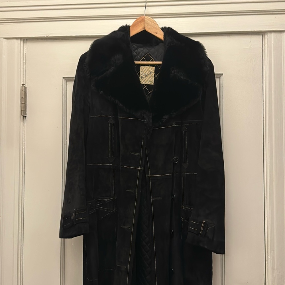 100% suede black vintage double breasted trench coat